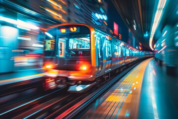 Dynamic Urban Commuter Train Rushing During Peak Hour, Capturing the Motion Effect with Rear Curtain Sync in Editorial Photography Concept.
