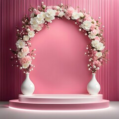 Pink Podium With Pink Background With Flowers & Pearls
