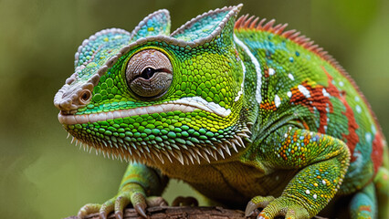 Obraz premium AI generated illustration of a Colorful lizard perched on a wooden log in the forest