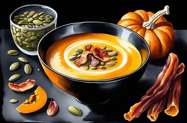 Pumpkin puree soup with fried bacon and seeds in bowl on dark background - 785413980