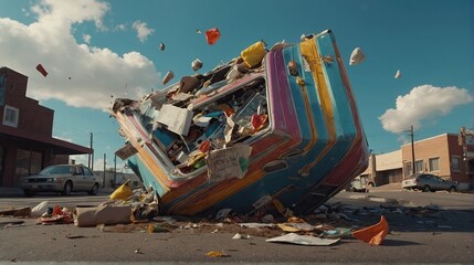 Objects and street trash lifted into the air due to strong winds - obrazy, fototapety, plakaty