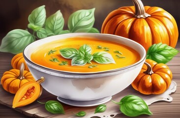 Pumpkin soup puree with basil in bowl, watercolor style - 785414163