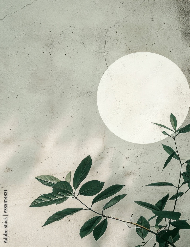 Wall mural Green plant growing on a wall with white circle in the center, natural background with foliage and geometric shape - Wall murals