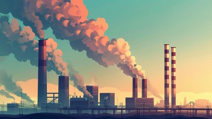 industrial power plant with smoking chimneys releasing co2 into atmosphere carbon trading concept illustration - obrazy, fototapety, plakaty