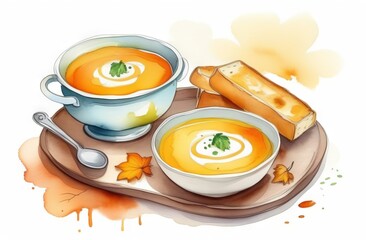 Bowls with pumpkin puree soup in watercolor style - 785414365
