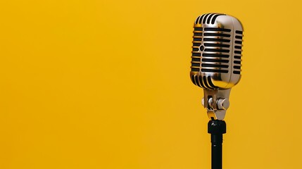 Fototapeta premium Retro microphone isolated on yellow background with copy space for text.