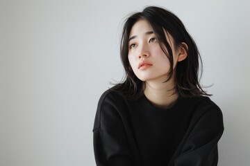 Stylish Korean Woman in Black Sweatshirt Poses Thoughtfully, Emphasizing Minimalist Design and...