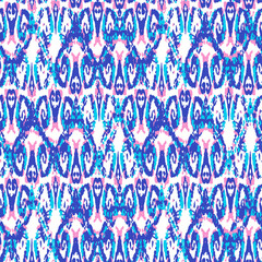 Ethnic Vector Pattern. Bohemian Peacock Print. Abstract Modern Batik. Geometric Ikat Seamless Design. Indigo Blue and Red Fashion Retro Art. Vintage Ornament. Rhombus Watercolor Background.