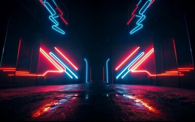 HD neon lights smoke background wallpaper of empty stage show or a nighttime city street with cobblestones