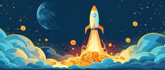 Whimsical scene with gold nuggets on a rocket, flying towards a moon made of coins, symbolizing soaring market trends