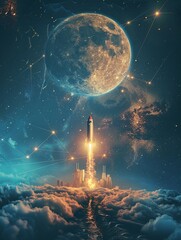 Concept art of a gold trading chart extending into a rocket path leading directly to the moon, blending finance with space exploration - obrazy, fototapety, plakaty