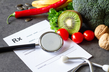 Vegetables, fruits, prescription and stethoscope, healthy diet concept