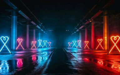 HD neon lights smoke background wallpaper of empty stage show or a nighttime city street with cobblestones