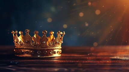 low key image of a beautiful gold crown on a wooden table vintage filtered photograph - obrazy, fototapety, plakaty