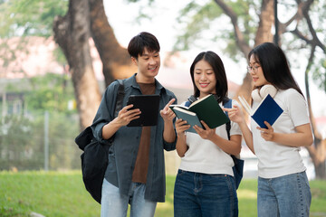 Group of students with books preparing for exams during holidays.