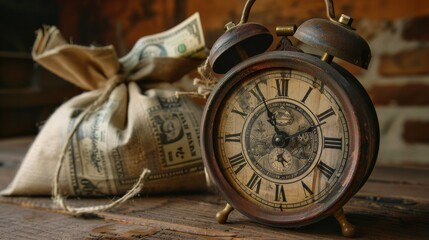 Fototapeta na wymiar A clock with roman numerals sits on a table next to a bag of money