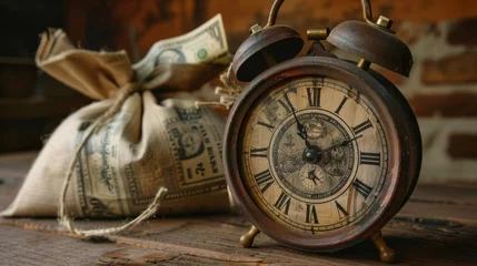 Fototapeten A clock with roman numerals sits on a table next to a bag of money © Aliaksandr Siamko