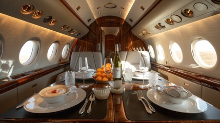 Culinary Delights in Luxury Travel Photography. Gourmet Dining Experience in the Comfort of a Private Jet Cabin. - Powered by Adobe