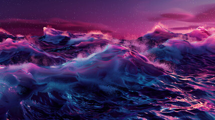 Night fantasy seascape with futuristic waves and foam. - obrazy, fototapety, plakaty