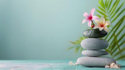 Spa and Wellness Background. Stacked Zen Stones with Frangipani Flowers on Aquamarine Surface.