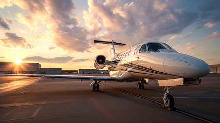Fototapeta na wymiar Luxury Travel Photography Capturing the Essence of Aviation. Private Jet Basking in the Glow of Sunset, Symbol of Modern Mobility.