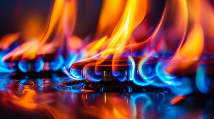 Fiery blue gas stove flames in close-up view