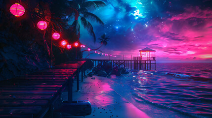 Night seascape fantasy island with lanterns and a wood