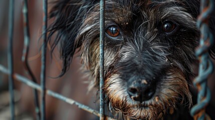 Abandoned and Alone: Portrait of a Homeless Shaggy Dog with Muzzle in Foreground - obrazy, fototapety, plakaty