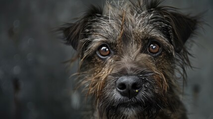 Abandoned and Homeless: Portrait of a Shaggy Dog with a Muzzle - obrazy, fototapety, plakaty