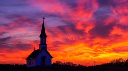 Obraz premium Vibrant sunset sky behind a tranquil country church