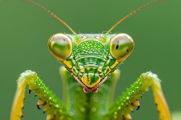 Detailed macro photograph capturing a praying mantis up close in intricate detail