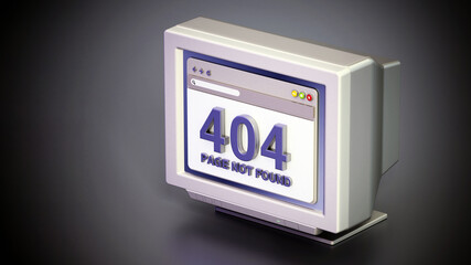 Retro monitor with 404 page not found connection error code on webpage. 3D illustration