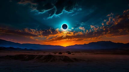 Majestic solar eclipse over a dramatic desert landscape at sunset