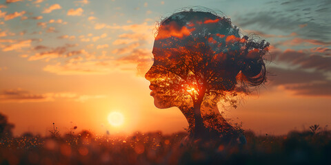 Silhouette of depressed woman and the branches of tree growing her head and sunset in the background. Mental health, depression, stress, and anxiety concept - obrazy, fototapety, plakaty