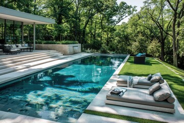 Architectural Marvel: Luxury Concrete Swimming Pool in a Serene Blue Landscape