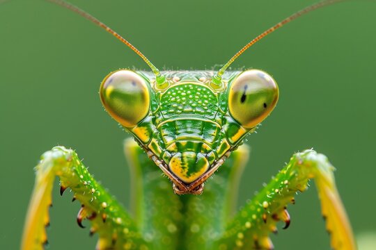 Detailed macro photograph capturing a praying mantis up close in intricate detail
