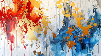 The abstract picture of the gold, blue and red colours that has been painted or splashed on the white blank background wallpaper to form the random shape that cannot be describe yet beautiful. AIGX01. - obrazy, fototapety, plakaty