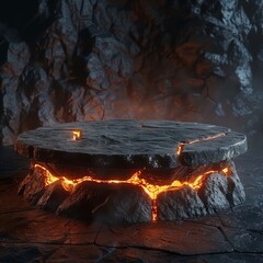 Glowing lava stone podium in a dark cave, mysterious ambiance for gaming and fantasy products