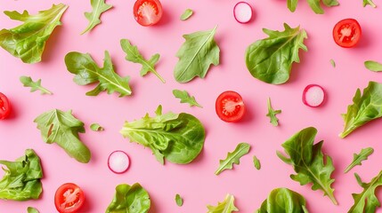 Fresh arugula, lettuce, radish, tomato salad on pink background, healthy vegetables - obrazy, fototapety, plakaty