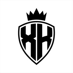 XK Letter monogram shield and crown outline shape with black and white color design