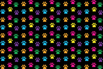 animal paw, pet theme, cat dog, pattern with happy colors and dark background