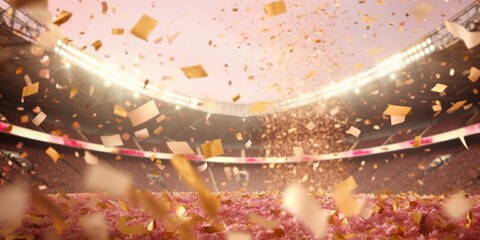 Rose background, football stadium lights with gold confetti decoration, copy space for advertising banner or poster design