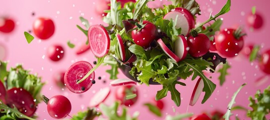 Fresh salad ingredients display  arugula, lettuce, radish, tomato on pink background - obrazy, fototapety, plakaty