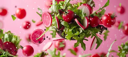 Poster Fresh salad ingredients display  arugula, lettuce, radish, tomato on pink background © Ilja