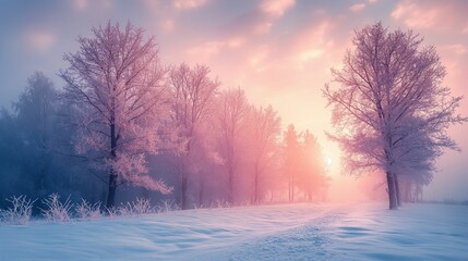 Frosty Winter Sunrise, Snowy Landscape, Idyllic Cold Morning Scene