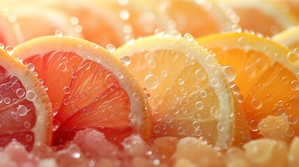 Citrus Medley with Water Droplets, Fresh and Juicy Fruit Slices, Vibrant Background