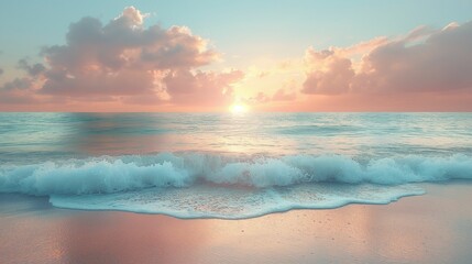 Sunrise over Ocean Waves, Serene Beach Morning, Tranquil Seascape - obrazy, fototapety, plakaty