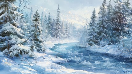 majestic winter landscape with wild river rushing through snowy forest oil painting
