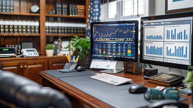 A cozy yet professional home office where an investor writes on investment charts, with personal monitors set up showing various financial statistics and stock performances.