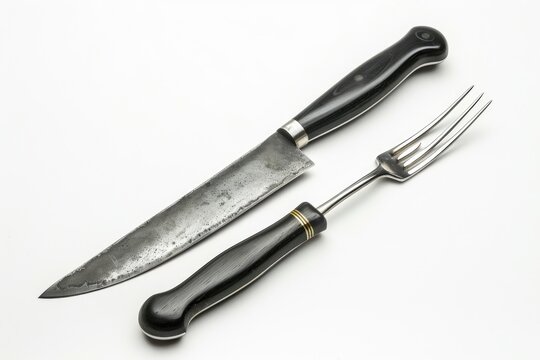 Carving Knife and Fork Set for Clean and Precise Cooking. Black Handle and Blade Stand out on White Background